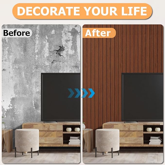 Arthome Peel and Stick Slat Wall Panels 15.7 "x120,Self-Adhesive PVC Wood Grain Wallpaper Panel,3D Thick Faux Soundproof Backsplash Accent Wall Tile for Walls & Furniture (Walnut Coverage 13 Sq.ft)