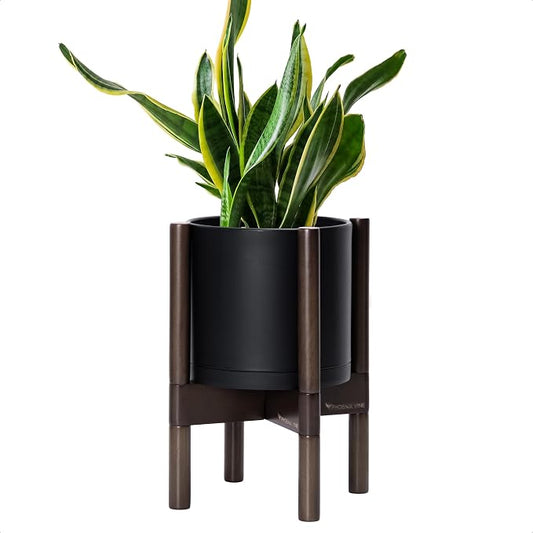 D'vine Dev Plastic Pot with Walnut Wood Stand, Black, 8 in, 55-C-I-2 | Mid-Century Inspired Design, Elevated Plant Display, Clean Lines, Sturdy Support, Modern Space-Saving Style