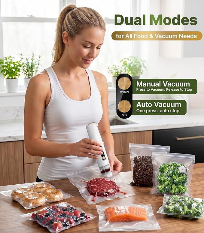 Compact Handheld Vacuum Sealer for Food, Portable Wireless Vacuum Sealer with 60kPa Suction, Dual Modes, Visible Water Reservoir, Includes Complete Set for Food Preservation