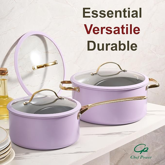 Chef Power Ceramic Cookware Sets, 15Pcs Pots and Pans Set Non Stick, Cookware Set with Stainless Steel Handle, Dishwasher & Oven Safe, Light Purple and Granite Grey