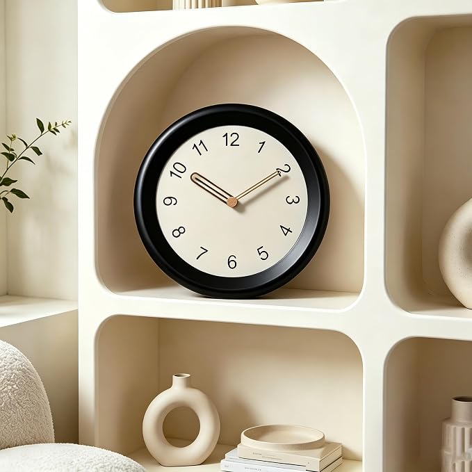 Mosewa 10 Inch Black Wall Clock Silent Non-Ticking Quartz Battery Operated Analog Clock with Wood Hands, Easy to Read Minimalist Round Clock for Kitchen Living Room Bedroom Office