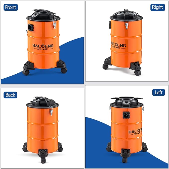 BACOENG 5.3-Gallon Ash Vacuum with Double Stage Filtration System, 10 Amp Ash Vacuum for Pellet Stoves with 1200W Powerful Suction, 5FT Metal Hose and 360° Rotating Wheel