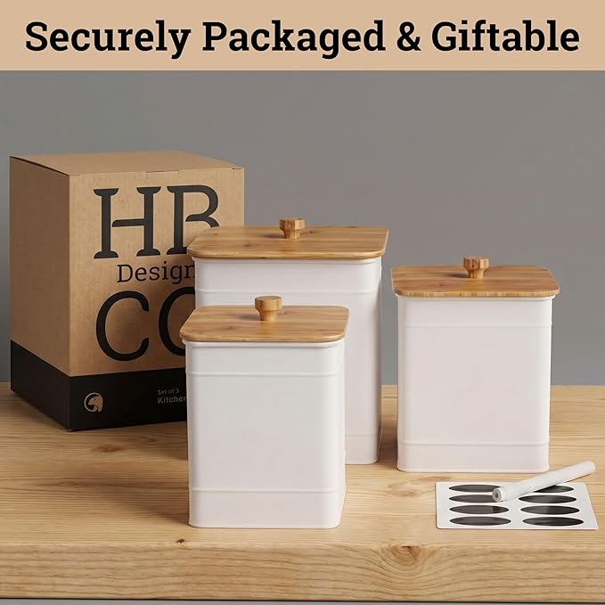 Kitchen Canisters for Countertop Set of 3 with Customizable Chalkboard Labels & Marker Pen - Big Iron Kitchen Canisters with Airtight Lids - White Canister Set - Flour and Sugar Containers Farmhouse