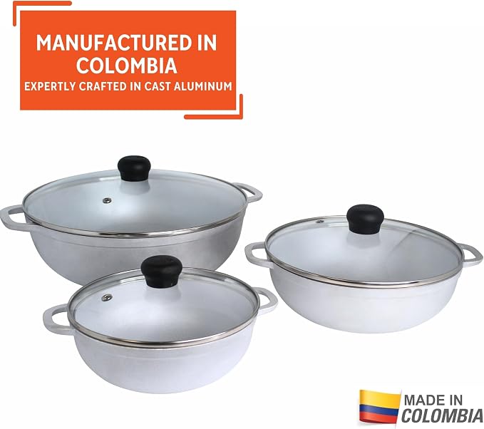 IMUSA 1.5, 2.5 & 5.2 Qt Cast Aluminum Caldero 3 Piece Set with Glass Lid | Polished Finish, Glass Lid with Riveted Handles, Ideal for Rice and Stews, Perfect for Serving Medium and Small Groups