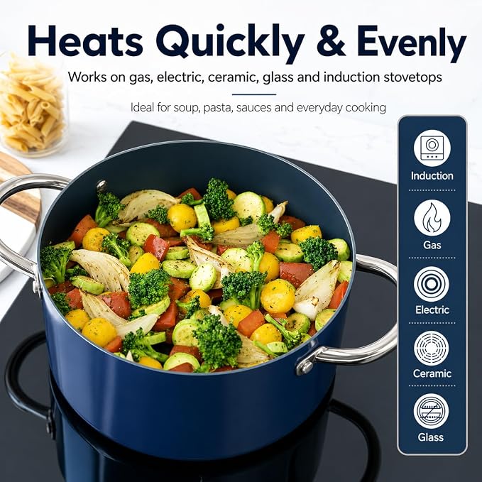 MICHELANGELO 8 Quart Stock Pot with Lid, Ceramic Nonstick Soup Pot for Family Meals, Batch Cooking, Broth, Seafood Boil & Meal Prep, Non Toxic Induction Stockpot with Stainless Steel Handles, Blue