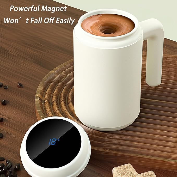 Self Stirring Coffee Mug with Temp Display, 316 Steel Auto Mixing Cup for Coffee, Milk, Protein – Gift for Friends, 14.2oz – Ivory White