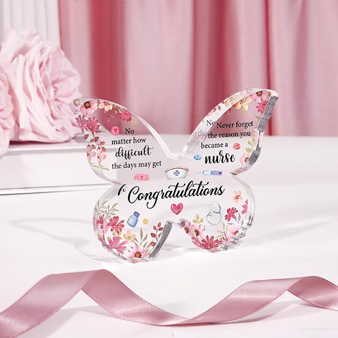 Nurse Graduation Gift for Women, Nurse Week Appreciation Gifts - Pink Butterfly Acrylic Plaque 5x3.8 IN - Graduation Gifts for Nursing Student, Nursing School Gifts, RN Gifts for Nurses