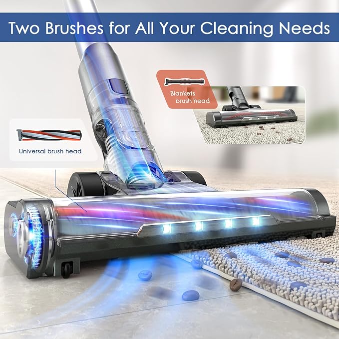 Cordless Vacuum Cleaner with 2 Batteries, 500W 45Kpa Lightweight Stick Vacuum Cleaners for Home with LED Display, Brushless Motor, Anti-Tangle, for Carpet & Hard Floor & Pet Hair (Grey)