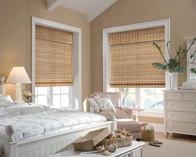 LazBlinds No Tools No Drill Cordless Bamboo Roman Shades, Light Filtering Window Treatment, Roll Up Bamboo Blinds for Windows 39'' W x 72'' H, Brown