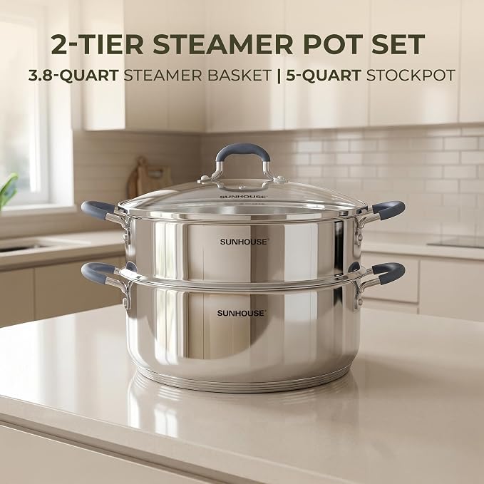 SUNHOUSE 5 QT Stainless Steel Steamer Pot for Cooking with Glass Lid | 2-Tier Food Steaming Basket Insert Vaporera - Stovetop Steamer for Vegetables - Tri-Ply Induction Base, Stay-Cool Handles