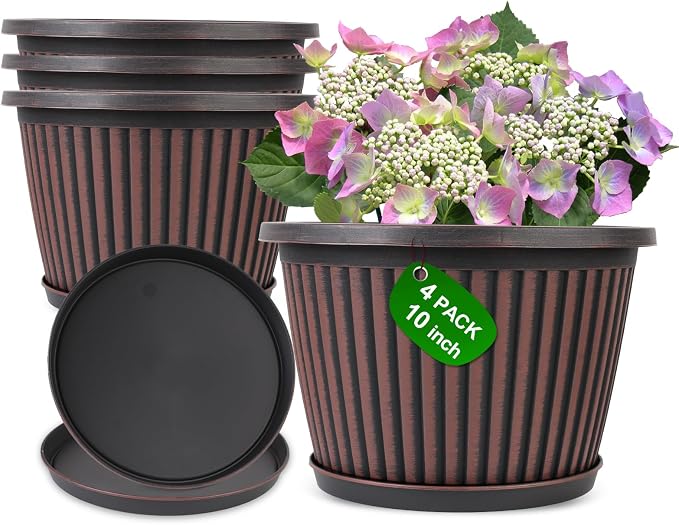 Myfeegoin Planter-Pots-for-Plants-Indoor-Outdoor, 4 Pack 10 Inch Plastic Flower Pots with Saucer & Drainage Holes, Modern Garden Planters for Planting Medium Large Plants，Decorative Resin Garden Pots