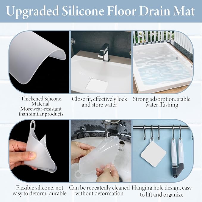 Drain Covers to Keep Bugs Out 2 Pieces Silicone Shower Drain Cover Square Anti-Odor Mat Deodorizing Plugs for Bathroom Kitchen Laundry (White 5x5 Inch)