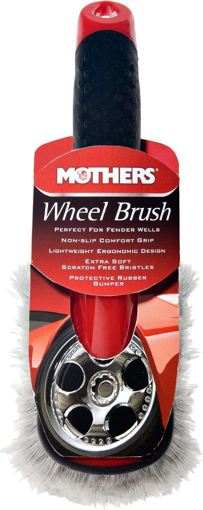 Mothers Car Wash Brush, Wheel and Fender Brush, Short Handle Tire Cleaner for Car Detailing, 10 Inch, Red/Black
