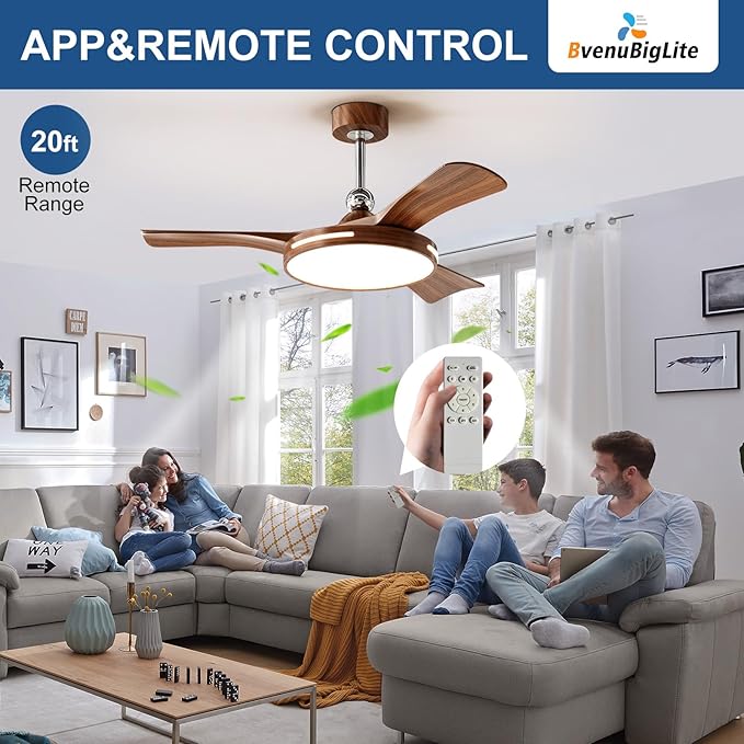 Ceiling Fans with Lights and Remote: 42-Inch Ceiling Fan 3 Blades Round Low Profile Outdoor - Walnut Ceiling Fans with Remote Control Chrome Rod Quiet Reversible DC Motor for Living Room