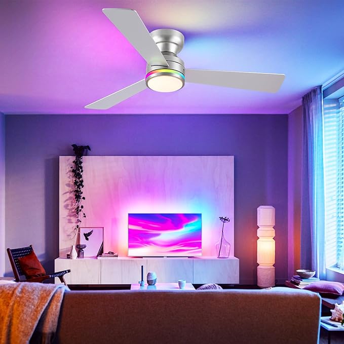 Asyko 46" Silver RGB Ceiling Fans Light,Low Profile Ceiling Fans with Lights and Remote,Modern Flush Mount Ceiling Fan Light with Quiet Reversible DC Motor for Bedroom Kids Room,Party