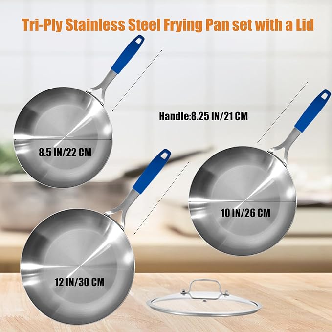 Inqibee 8.5-10-12 Inch Tri-Ply Stainless Steel Frying Pan Set with a Lid, Skillets, Chef's Pan, Induction Cooking Pans, Pots and Pans Set, Dishwasher and Detachable Handle