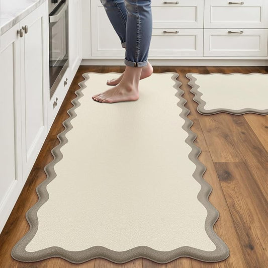 Arenarug Scalloped Kitchen Mats Rugs Sets of 2 Cushioned Anti Fatigue Floor Mat Waterproof Kitchen Rugs Non Slip Foam Comfort Standing Mat for Sink Laundry, Khaki