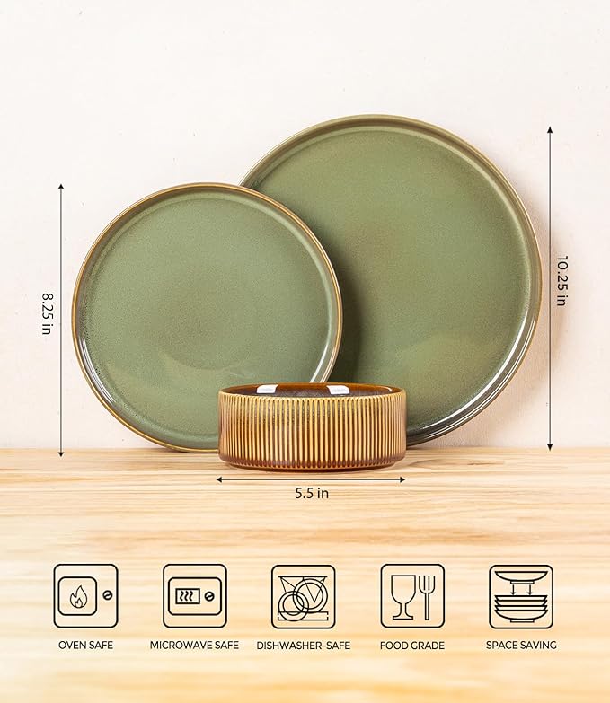 TheTerra Ceramic Dinnerware Sets for 6, 18 Pieces Porcelain Lightweight Plates and Bowls Sets, Scratch Resistant Dish Set, Oven & Microwave & Dishwasher Safe, Sage Umber