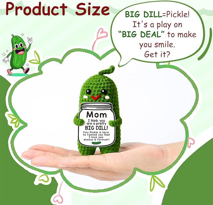 MAMAGIFTREE Mothers Day Birthday Gifts for Mom from Daughter Son, Handmade Crochet Pickle Plush “Big Dill” Gift for Mother in Law or Stepmom Mothers Day Keepsake, I Love You Mama Small Cute Decor