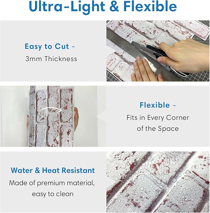 3D Whitewash Brick Wall Panel Peel and Stick,10 Pcs of 12"X12" Small Size Thin PVC Fake Brick Self Adhesive Brick Backsplash Faux Brick Paneling for Interior Wall Decor