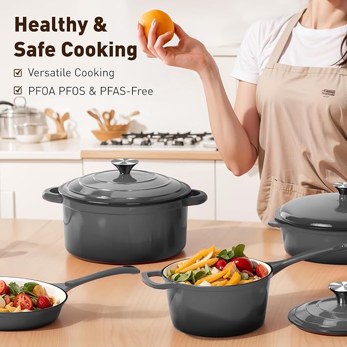 DishDelight Enameled Cast Iron Pots and Pans Set, 7 Piece Dutch Oven Set with Lids, Enamel Coated Non Toxic Cookware, PFOA&PFAS Free, Gray