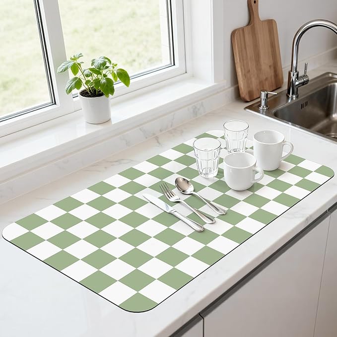 17" x 32" Checkered Dish Drying Mat for Kitchen Counter, Absorbent Coffee Bar Mat for Espresso Machine Coffee Countertops Accessories, Sage