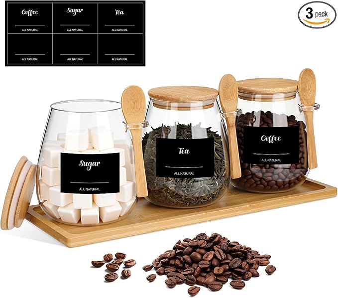 Suclain 3 Pcs Glass Coffee Container with Wooden Lid Spoon Tray Shelf Labels Clear Airtight Glass Jar Storage Container Set for Coffee Beans Tea Leaves Grains Dried Fruits Sugar Spice(38oz)