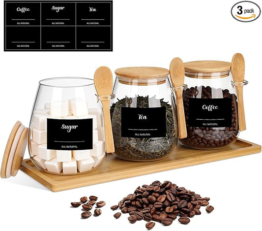 Suclain 3 Pcs Glass Coffee Container with Wooden Lid Spoon Tray Shelf Labels Clear Airtight Glass Jar Storage Container Set for Coffee Beans Tea Leaves Grains Dried Fruits Sugar Spice(38oz)