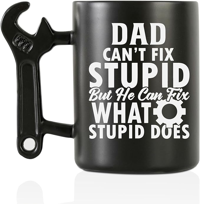 Onebttl Dad Gifts Coffee Mug with Wrench Spanner Handle, Gifts for Dad from Daughter and Son, 13.5oz Funny Ceramic Mug for Father on Birthday, Father's Day, Christmas - Dad Can't Fix Stupid