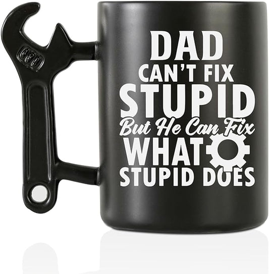 Onebttl Dad Gifts Coffee Mug with Wrench Spanner Handle, Gifts for Dad from Daughter and Son, 13.5oz Funny Ceramic Mug for Father on Birthday, Father's Day, Christmas - Dad Can't Fix Stupid