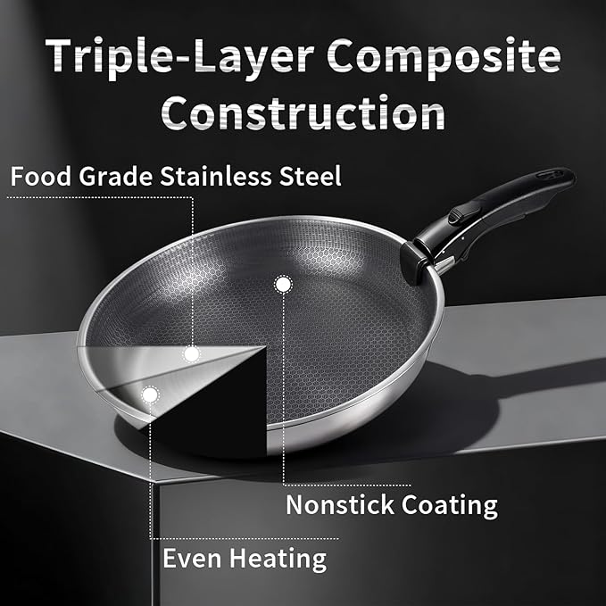 3-Piece Stainless Steel Frying Pan Set, 10”/11”/12.5”Stackable Kitchen Cookware Set with Detachable Handle, Oven Safe Cooking Pan, Suitable for All Stove