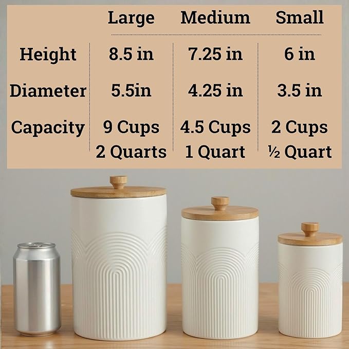 Ceramic Kitchen Canisters for Countertop Set of 3 with Airtight Bamboo Lids - White Kitchen Canisters with Airtight Lids - Flour Sugar Canister Set - Flour and Sugar Containers Farmhouse - Coffee Jar