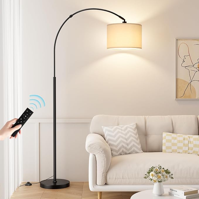 Ambimall 70 Dimmable Arc Floor Lamp with Remote, Color Temperatures and Brightness Adjustable, Arched Floor Lamp with Rotating Head, Over Couch Arched Light for Living Room (Deep Beige and Black)