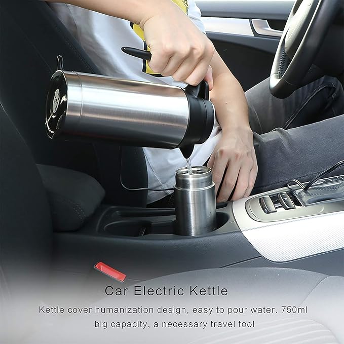 12V Car Kettle Boiler - 650ml Travel Kettle Car Water Heater Stainless Steel Car Coffee Cup Warmer Hot Water Maker with DC 12V Charger Electric Kettle for Car, Silver, A-1914218
