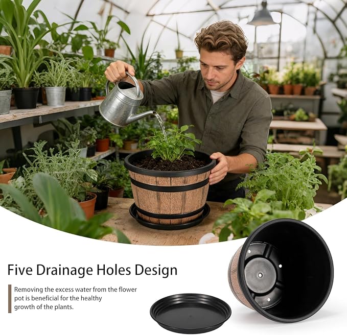 10 Inch Whiskey Barrel Planters with Drainage Holes & Saucer, 5 Pack Plastic Plant Pots with Wine Barrel Design, Flower Pots for Indoor Outdoor Balcony