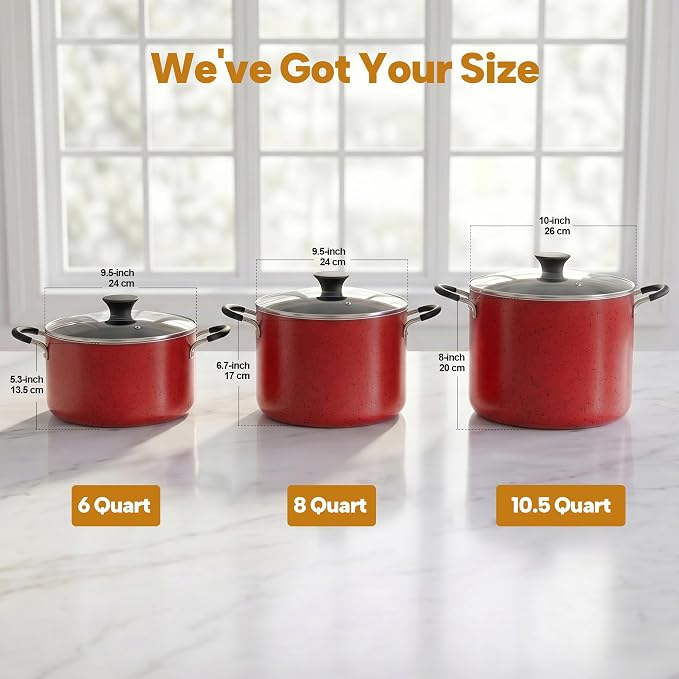 Cook N Home 8 Quart Non Stick Stock Pot with Lid, Large Pots for Cooking | Nonstick Soup Pot, Stockpot Induction Cookware - Oven & Dishwasher Safe, Marble Red