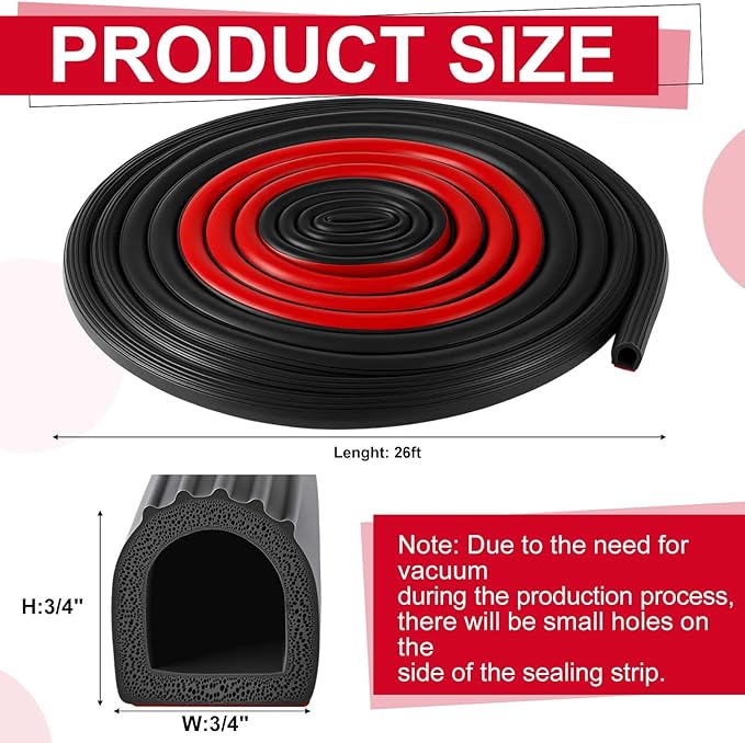 Pangda 26Ft D Shape Rubber Weather Stripping Foam Self-Adhesive EPDM Seal Strip for Noise Reduction Waterproof Dustproof for Cars Boats RVs Windows Doors (3/4" W x 3/4" H)