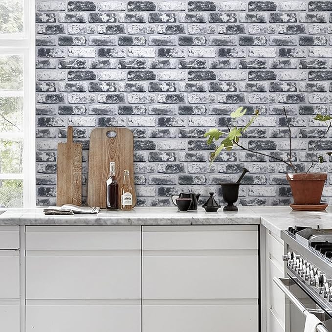 COMSTICKC 3D Faux Brick Wall Panels Peel and Stick Wall Stickers, 10 Pcs of 12"X12", Small Size Thin PVC Brick Self Adhesive Fake Brick Backsplash Kitchen, Whitewash Black