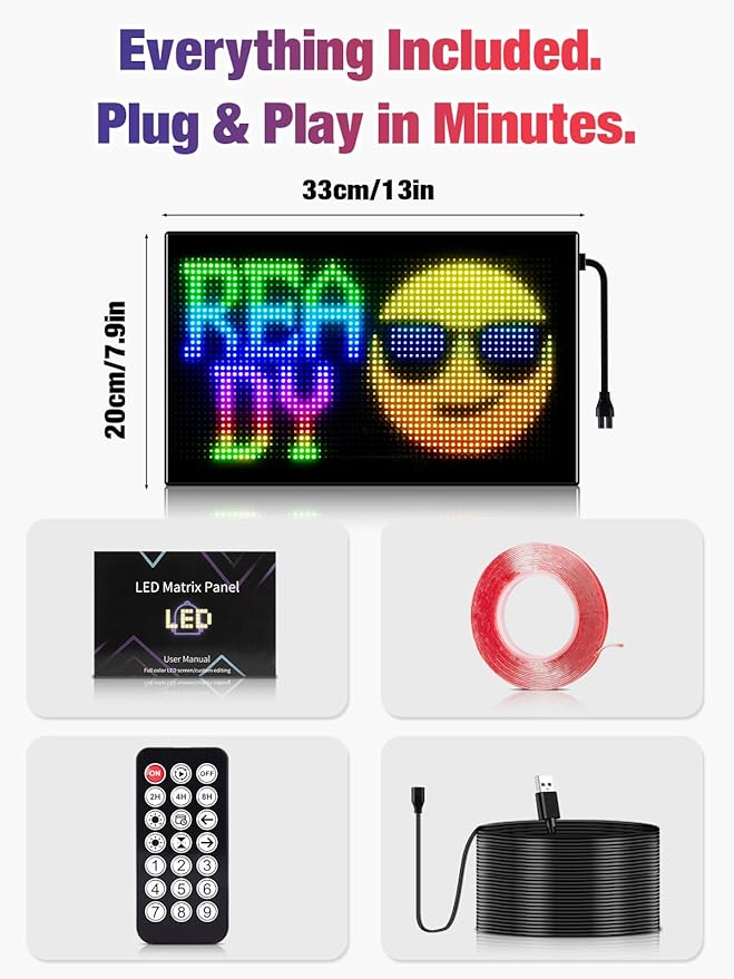 Flexible LED Display Screen, IP65 Waterproof PU+FPCB Material, Remote & App Control, for Indoor Advertising, Shop Window, Car Dealership Decoration (13 x 7.9in)