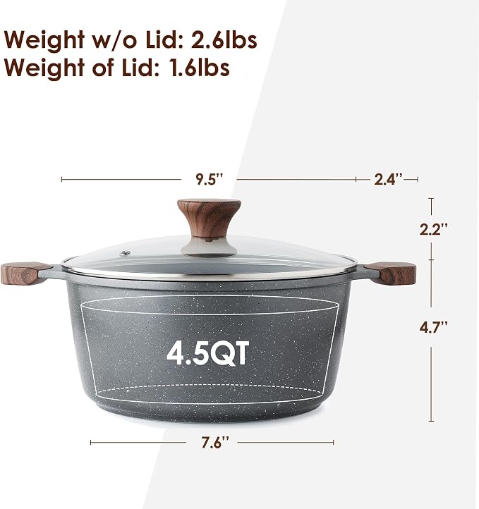 SENSARTE Nonstick Stock Pot with Lid, 4.5 Quart, Gray | Swiss Granite Nonstick Coating, PFOA PFOS APEO Free, Compatible with All Stoves Including Induction Cooktops, Easy to Clean