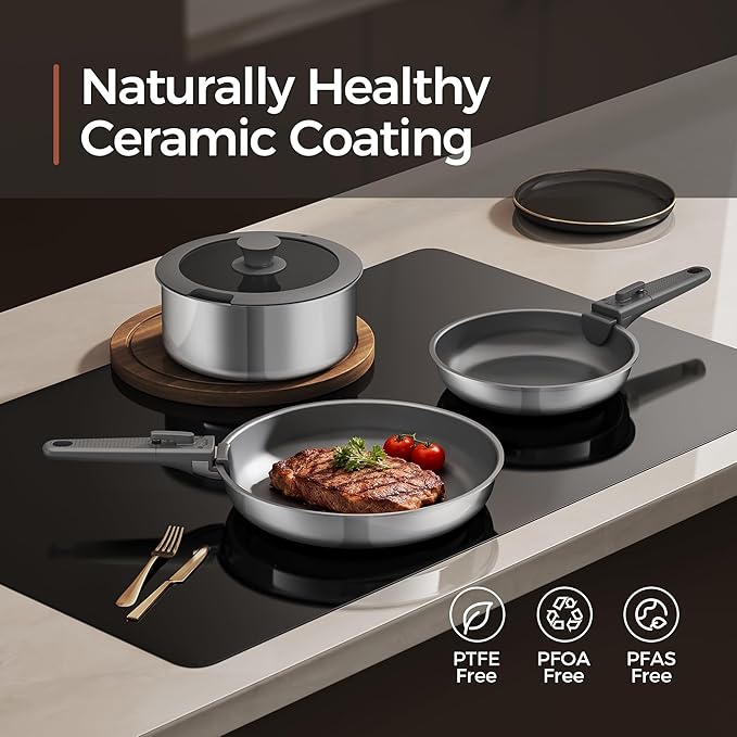16pcs Nonstick Cookware Set, Diamond-Titanium Ceramic Coating & 3 Layer Stainless Steel Pots and Pans Set with Detachable Handle, Dishwasher Safe, Induction Compatible, Oven Safe, Gray