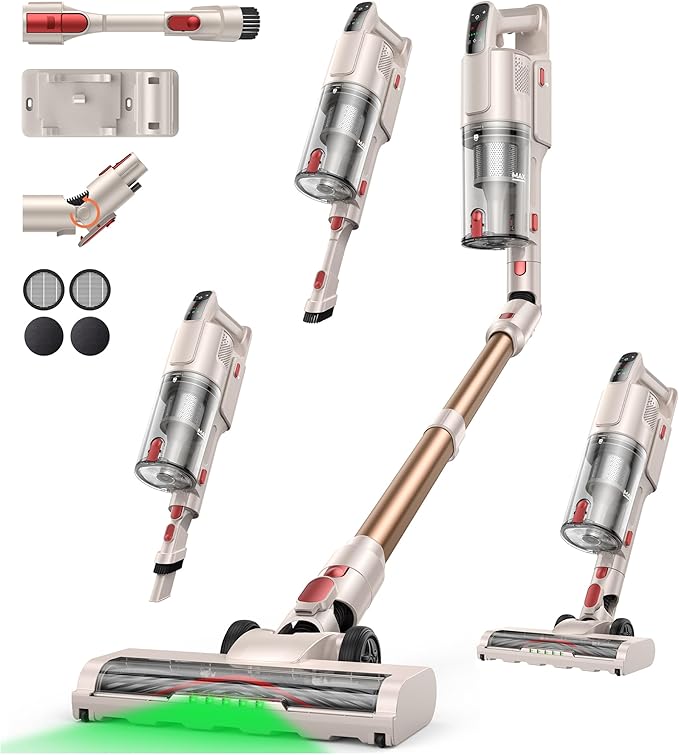 Cordless Vacuum Cleaner 550W 45KPA, 50Mins Stick Vacuum Cordless Rechargeable with 90° Folding Tube, Adjustable Height, Anti-tangle Brush, Wall-Mount, Handheld Vacuum Cleaner for Home/Pet Hair/Floors