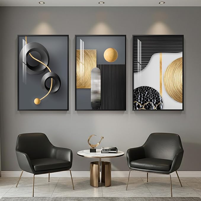 Large Framed Modern Elegant Wall Art for Living Room, 3 Piece Contemporary Luxury Prints Paintings, Black and Gold Abstract Geometric Pictures for Bedroom Entryway Home Office Wall Decor 24x36 In