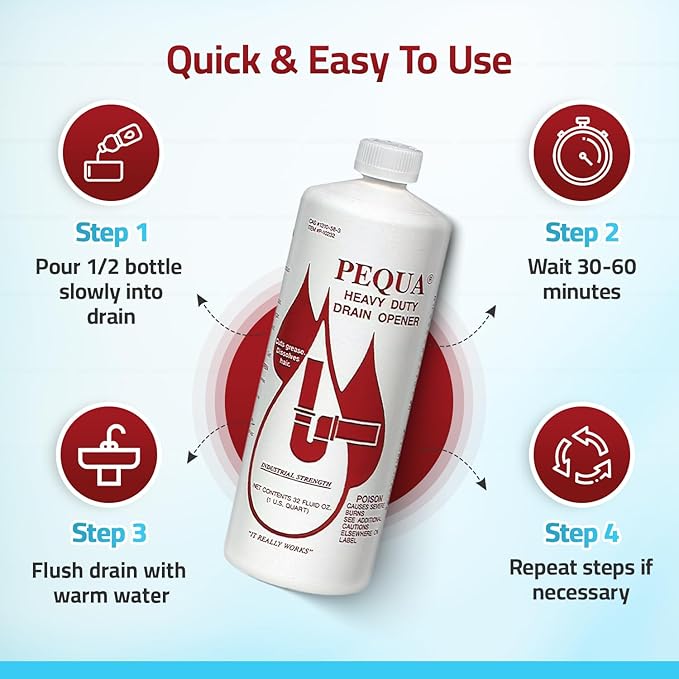 PEQUA INDUSTRIES Pequa Heavy Duty Drain Opener, Non-Acid, Fast-Acting Formula, Industrial strength Drain Cleaner for Sinks, Tubs, Septic Tanks - 32 Oz (4)