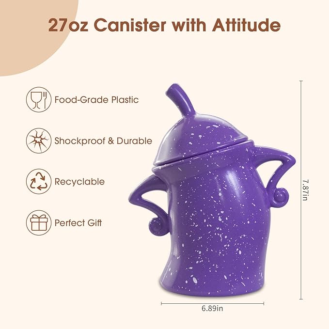 Canister with Attitude, 27OZ Plastic Coffee Canister with Lid, Cookie Jar, Cute Airtight Food Storage Container, Pantry Jar for Loose Tea Sugar Spice, Snack, Coffee Bar Decor (Purple)