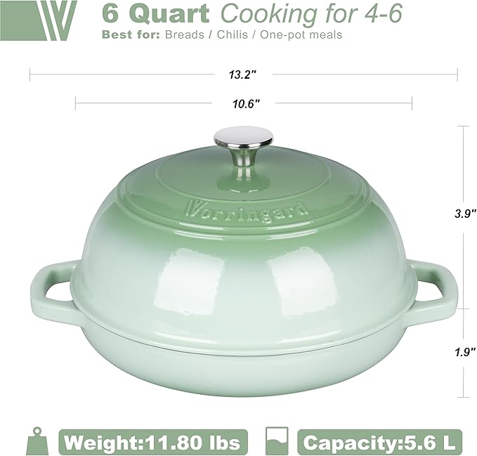 VORRINGARD Enameled Cast Iron Dutch Oven Pot with Lid, Bread Oven for Sourdough Bread Baking, Dutch Ovens with Bread Proofing Basket& Baking Supplies Set, 6 Quart, Green