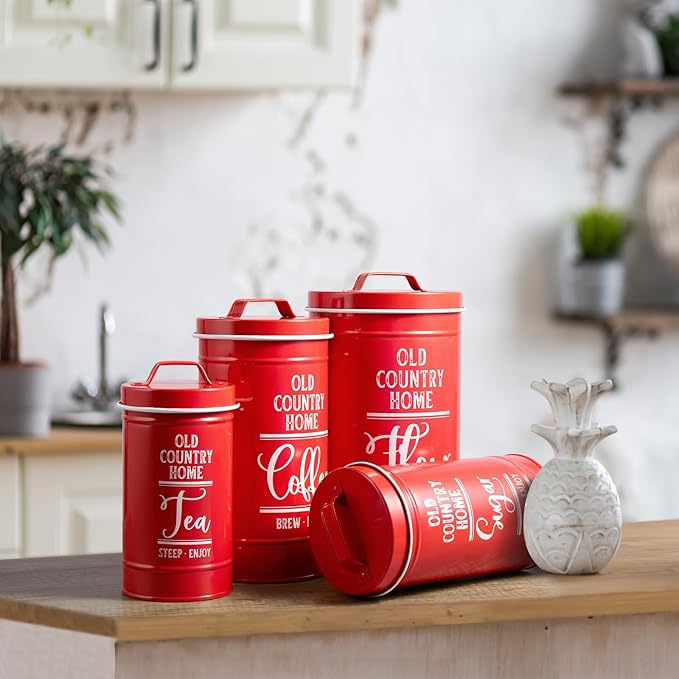 DAYYET Red Canisters for Kitchen Counter, Airtight Kitchen Canisters for Countertop, Flour and Sugar Containers, Tea Coffee Sugar Canister Set, Red Kitchen Decor and Accessories, Set of 4