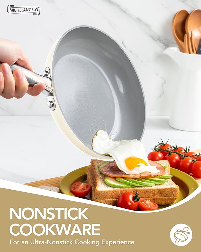 MICHELANGELO Pots and Pans Set Non Stick - Titanium Cookware Set Non Toxic Ceramic Coating, 8-Pcs Nonstick Pots and Pans with Ergonomic Handle, Dishwasher Safe & Induction Compatible, Cream