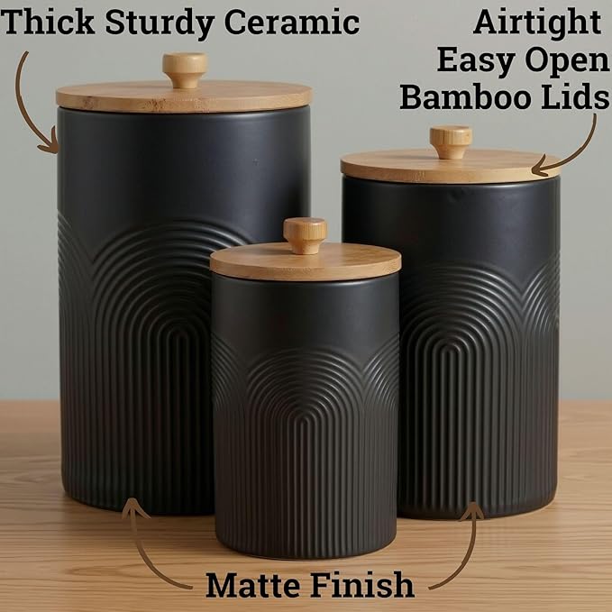 Ceramic Kitchen Canisters for Countertop Set of 3 with Airtight Bamboo Lids - Black Kitchen Canisters with Airtight Lids - Flour Sugar Canister Set - Flour and Sugar Containers Farmhouse - Coffee Jar