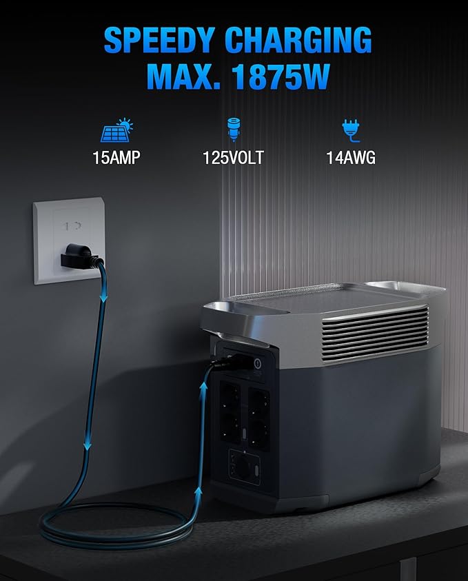 Heavy-Duty Power Station Charging Cable, 14AWG Fast Charger Cable for Jackery Explorer 2000/1500/1000 Pro,Ecoflow Delta/River Series,Bluetti EB3A;Anker 757/767, 125V 15A Universal AC Power Cord(10FT)